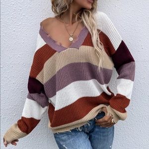 New Color block Frayed Trim Drop Shoulder Sweater